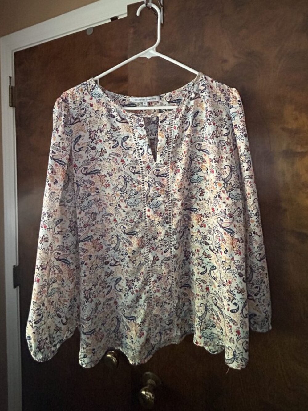 Collective Concepts Teal Paisley Tie-Neck Blouse XL